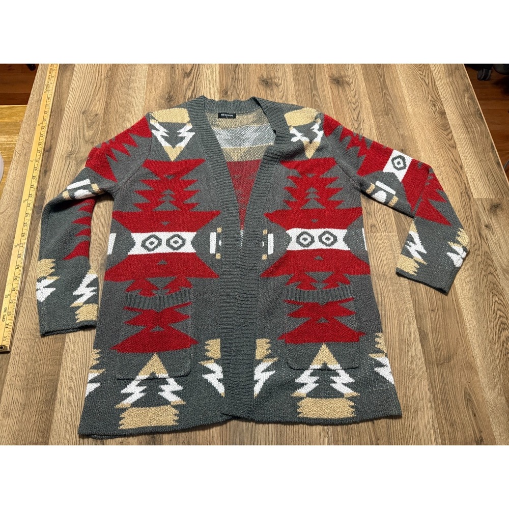 Mengpipi Sweater, Women's Size XL, Red Grey Brown Open Cardigan Long Sleeve
